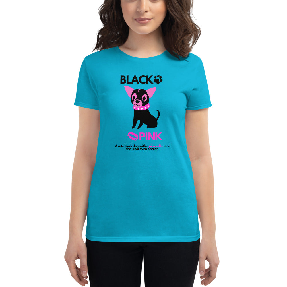 Black Pink Dog on Women's Short Sleeve T-Shirt, Dog Mom Shirt