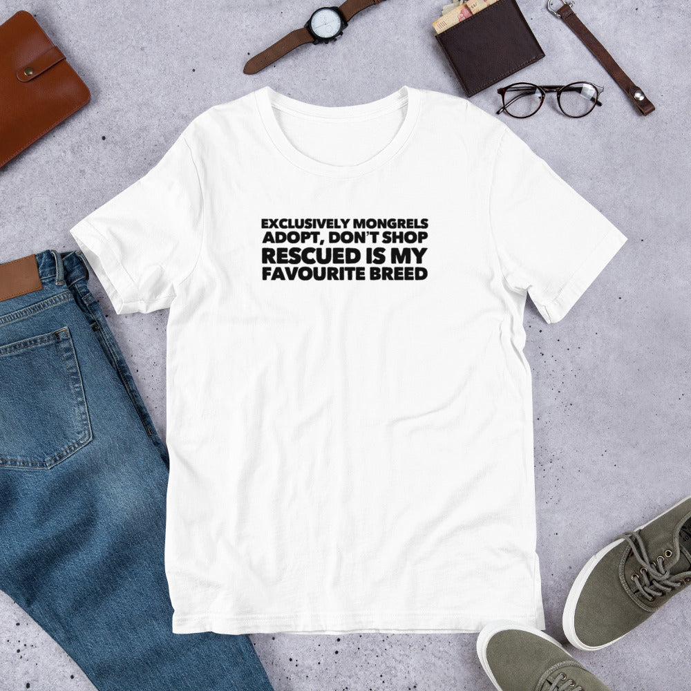 Exclusively Mongrels on Short-Sleeve Unisex T-Shirt, Dog Rescue Shirt, White