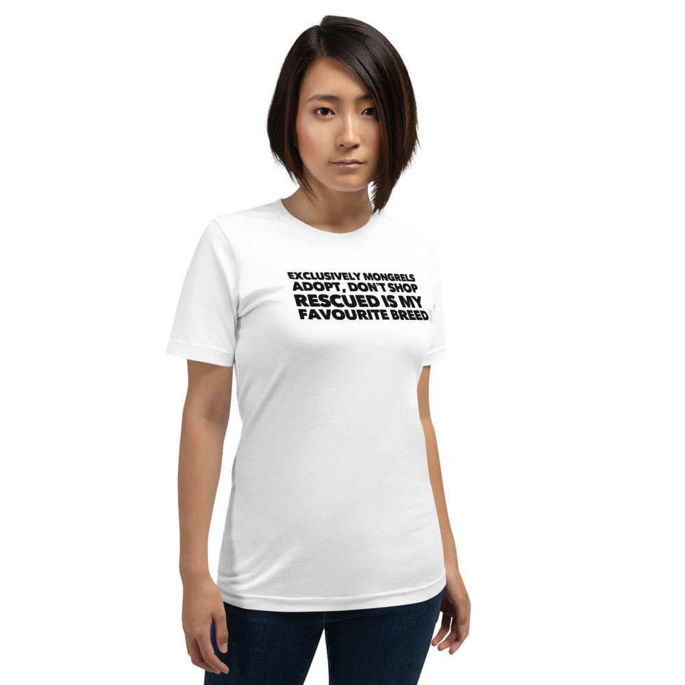 Exclusively Mongrels on Short-Sleeve Unisex T-Shirt, Dog Rescue Shirt 