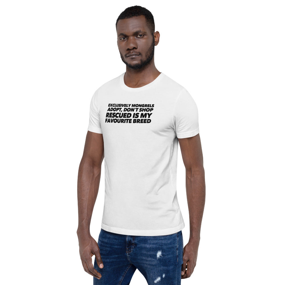 Exclusively Mongrels on Short-Sleeve Unisex T-Shirt, Dog Rescue Shirt 