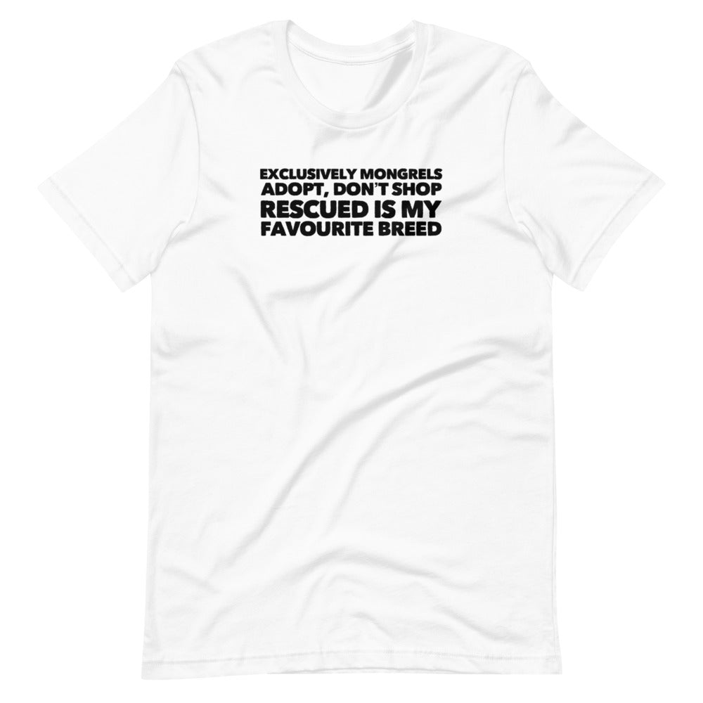 Exclusively Mongrels on Short-Sleeve Unisex T-Shirt, Dog Rescue Shirt, White