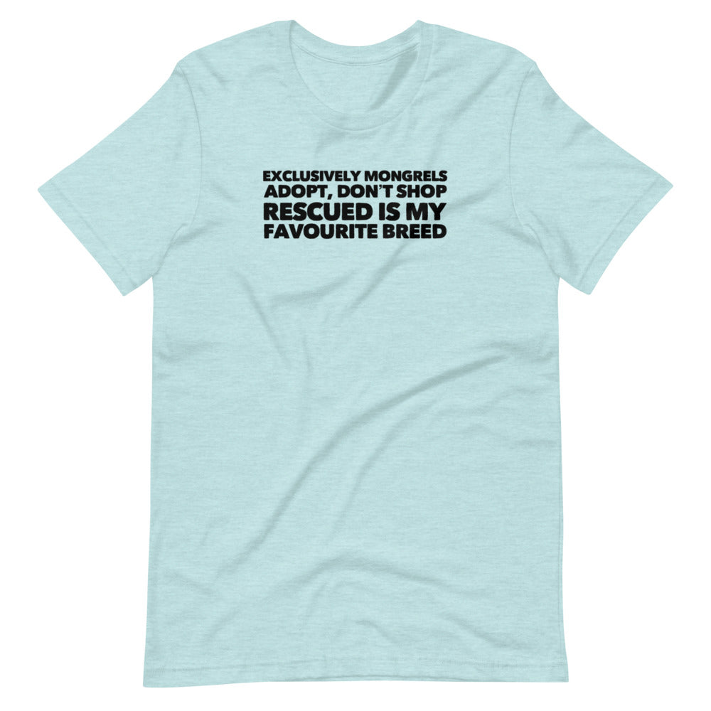 Exclusively Mongrels on Short-Sleeve Unisex T-Shirt, Dog Rescue Shirt, Blue