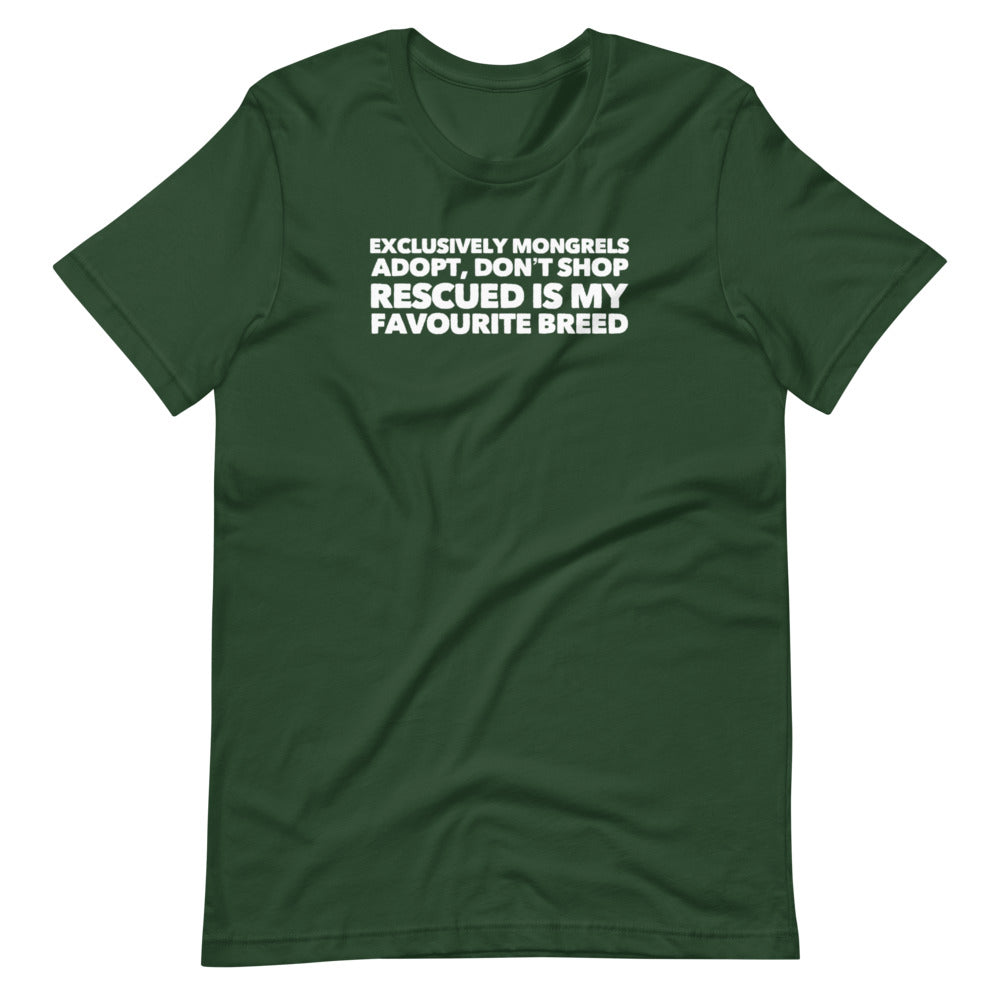 Exclusively Mongrels on Short-Sleeve Unisex T-Shirt, Dog Rescue Shirt, Green