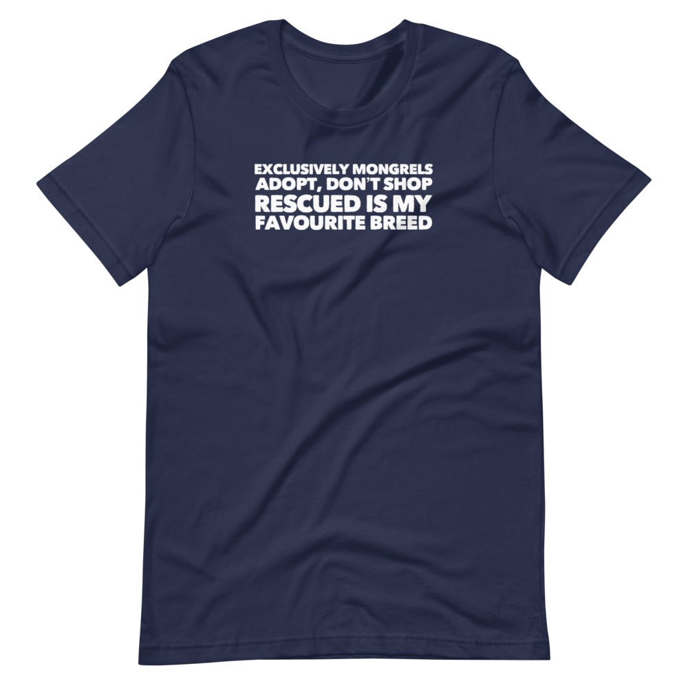 Exclusively Mongrels on Short-Sleeve Unisex T-Shirt, Dog Rescue Shirt, Blue