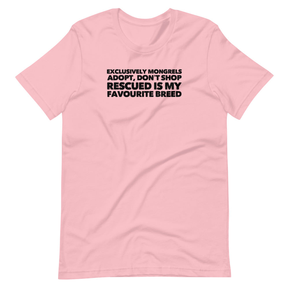 Exclusively Mongrels on Short-Sleeve Unisex T-Shirt, Dog Rescue Shirt, Pink