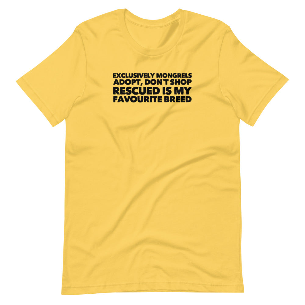 Exclusively Mongrels on Short-Sleeve Unisex T-Shirt, Dog Rescue Shirt, Yellow